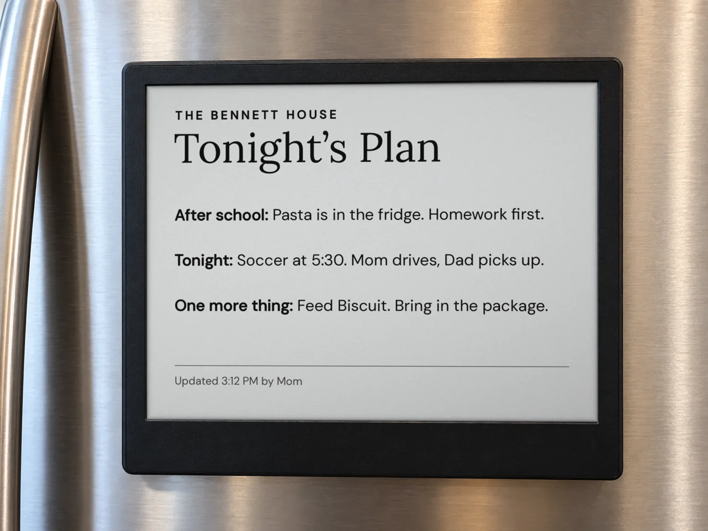 A family message displayed on a TRMNL e-ink board on the kitchen refrigerator