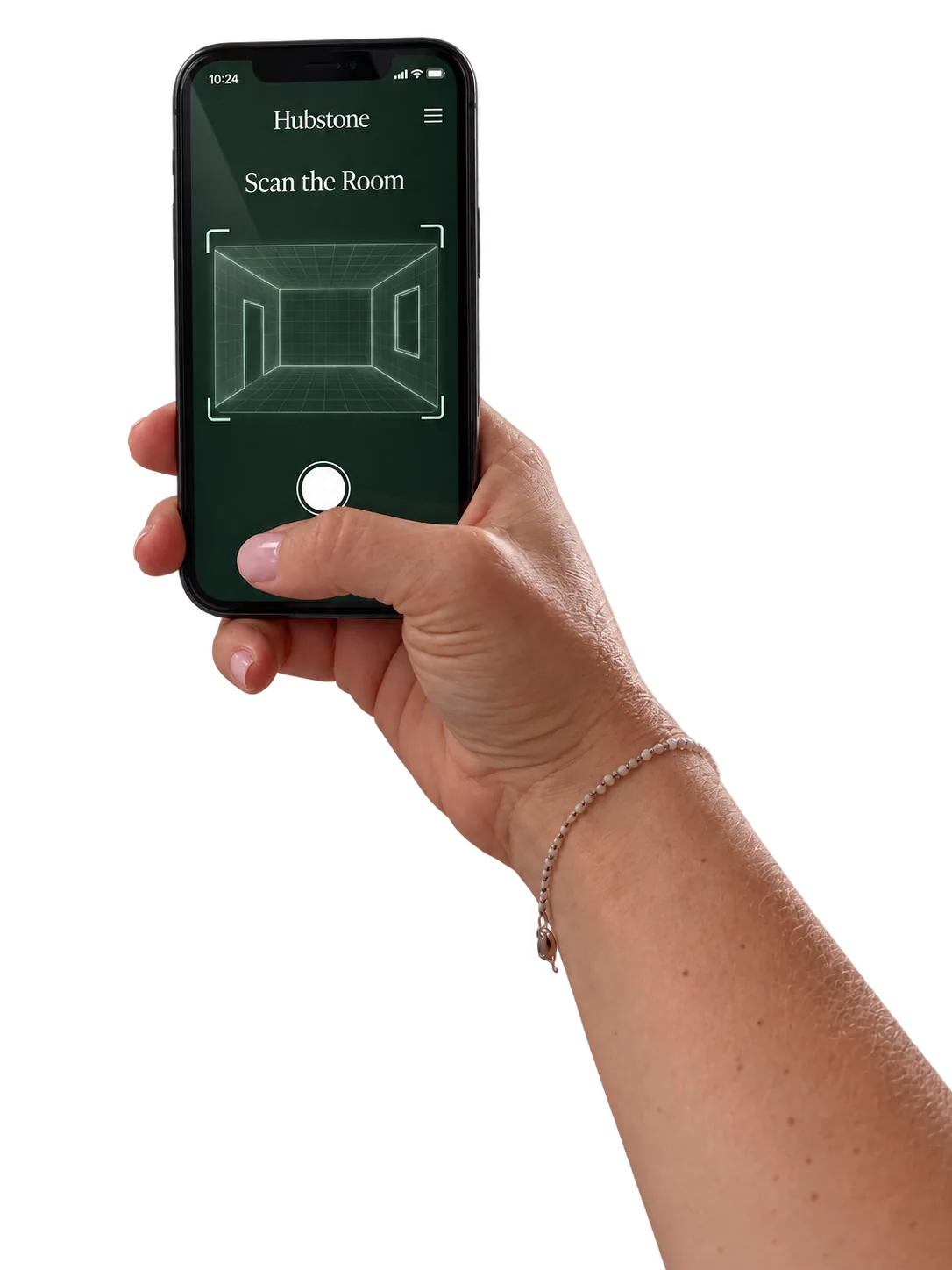 A hand holding a phone showing the Hubstone room scan