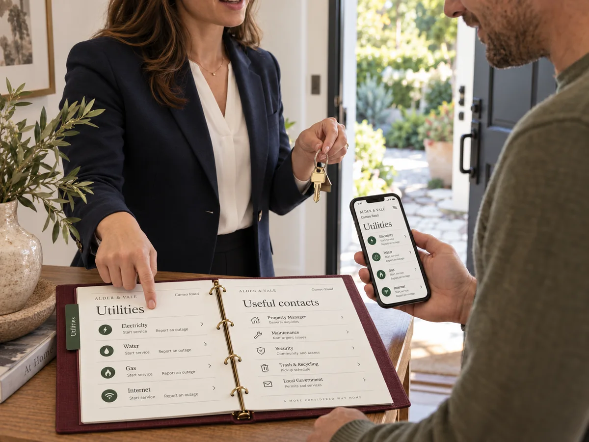 A real estate agent walks a client through the utilities in a branded binder while he views the matching information on his phone