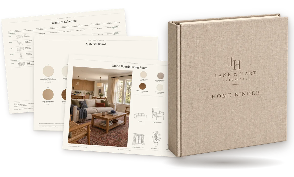 A natural linen Home Binder embossed for Lane & Hart Interiors, with a living room mood board, a material board and a furniture schedule fanned out behind it