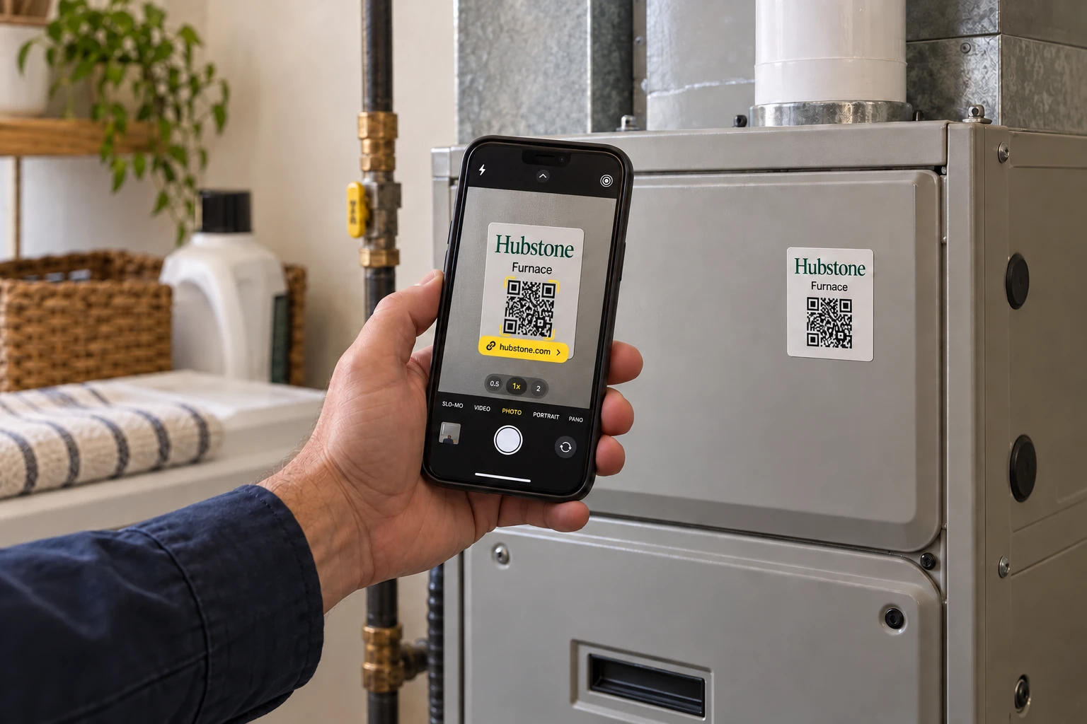 Scanning a Hubstone QR label on a furnace