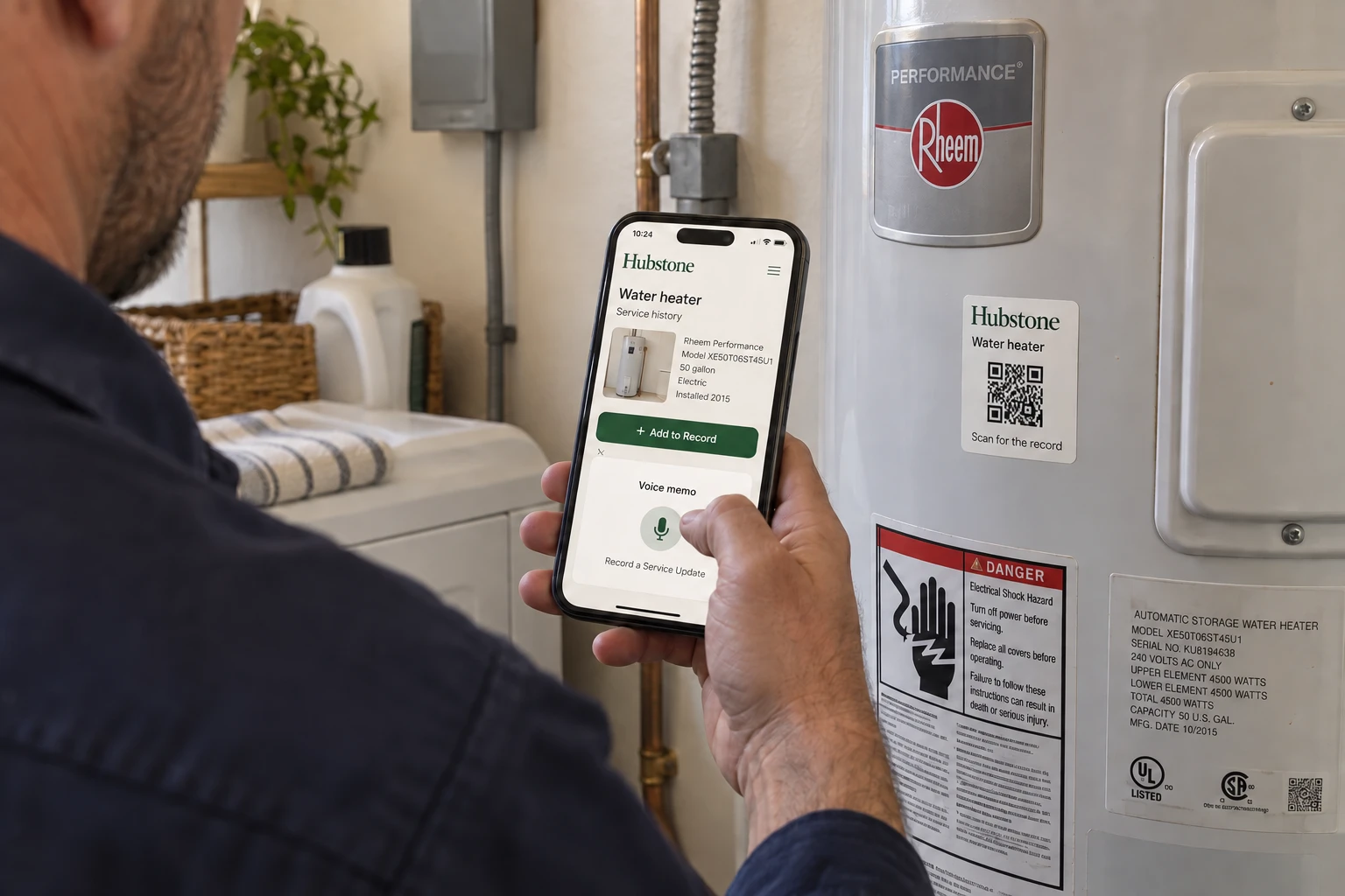Technician opening a water heater’s service record on a phone