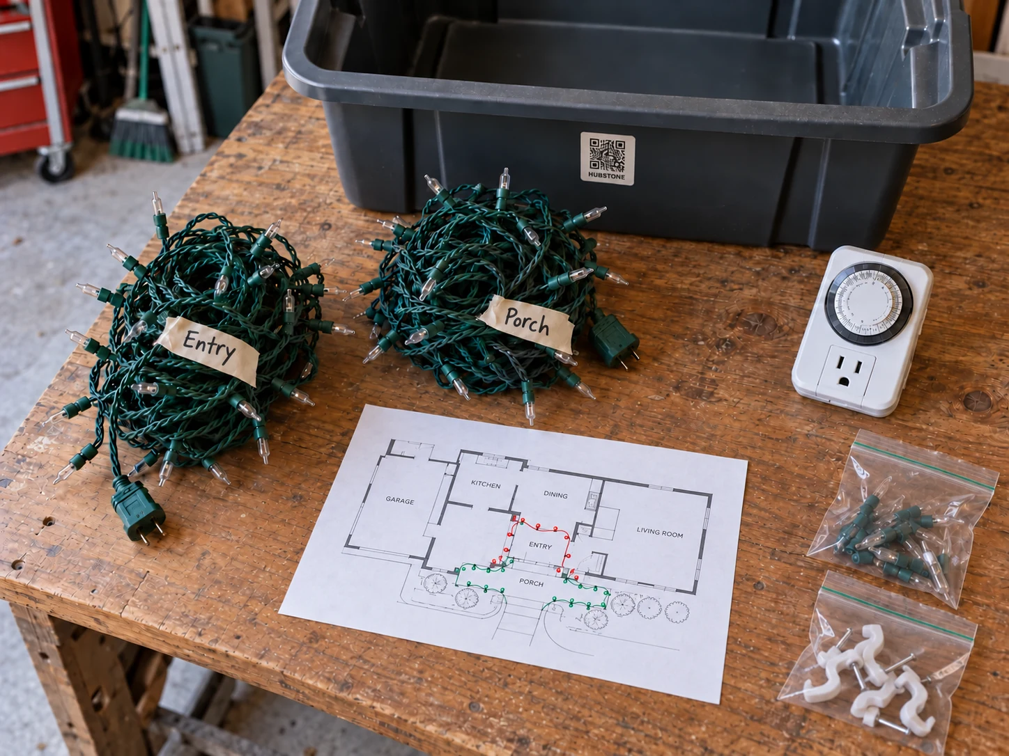 Holiday lights with handwritten string labels, a printed floorplan showing sketched light runs, a tub with a simple Hubstone QR sticker, and unlabeled zip-top bags of clips and spare bulbs