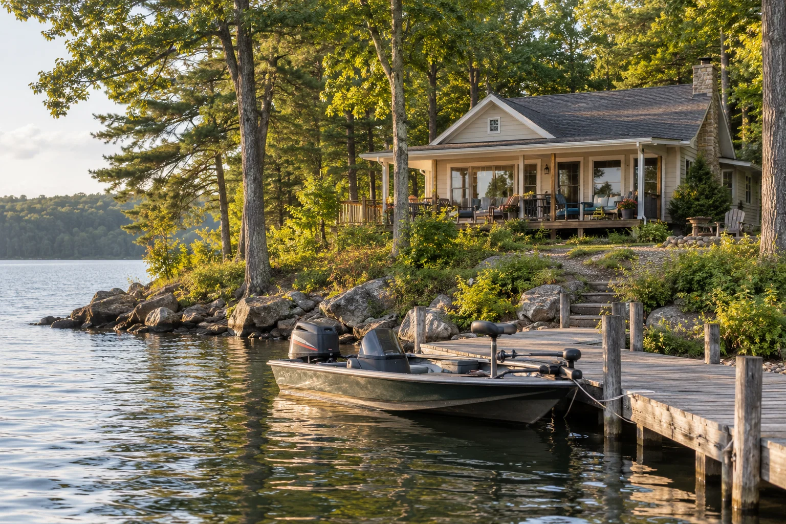 A modest family lake house with a fishing boat tied at the dock