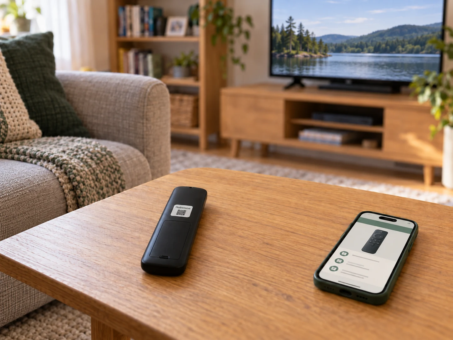 A Hubstone sticker on the back of a TV remote beside its record on a phone